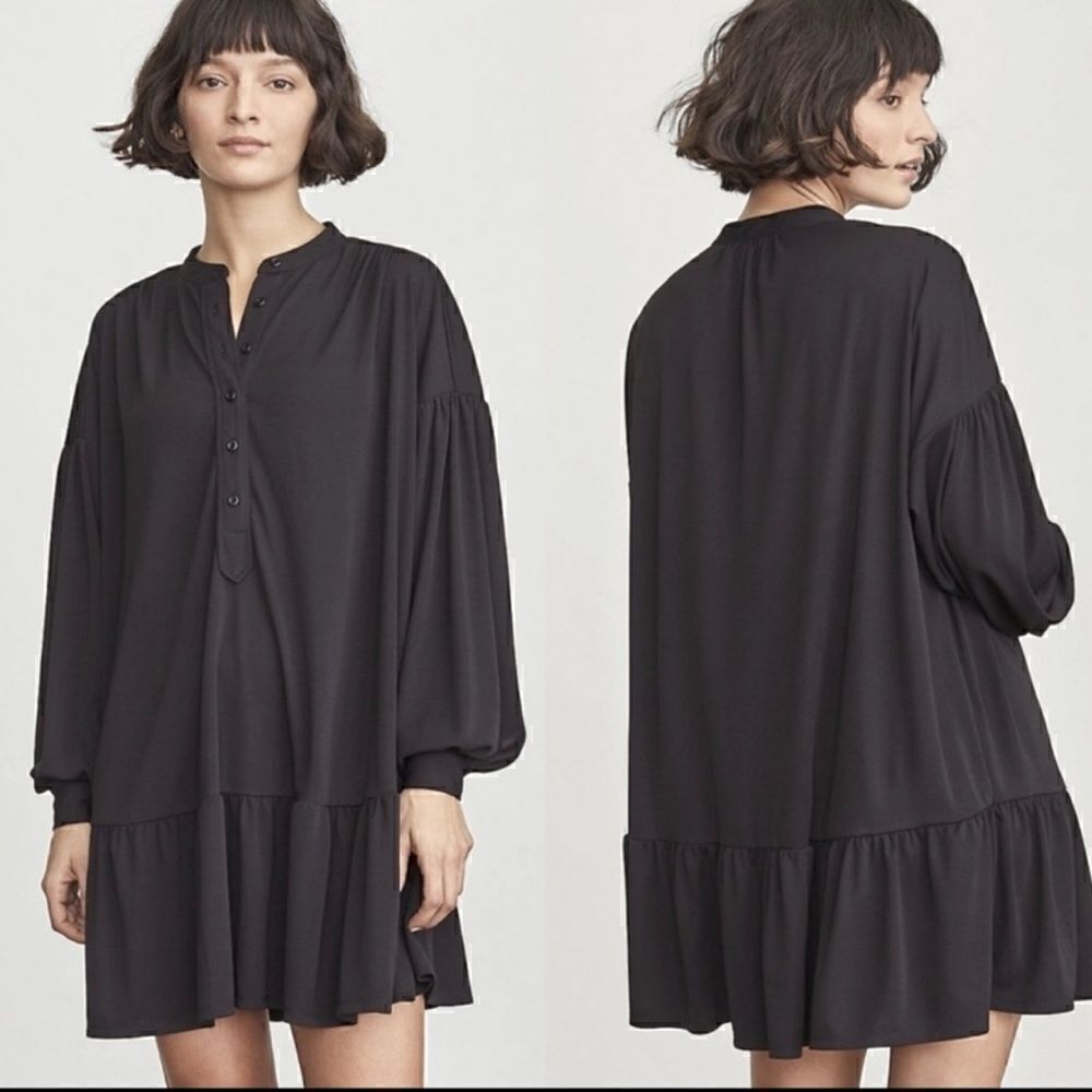 Elizabeth & James Black Button Flounce Ruffle Hem Long Sleeve Oversized Tunic, S